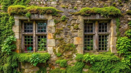 Old stone windows with lush green moss on rustic stone facade of ancient building in overgrown garden
