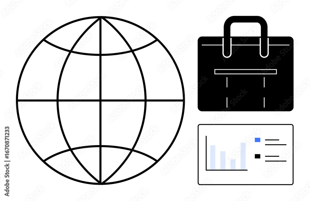 Poster globe symbolizing global connectivity, briefcase for business, and graph for data analysis. ideal fo