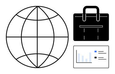 Globe symbolizing global connectivity, briefcase for business, and graph for data analysis. Ideal for corporate strategy, globalization, market research, analytics, efficiency, entrepreneurship