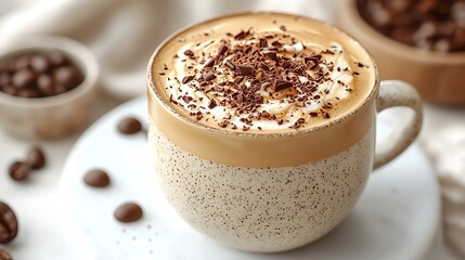 Close up photo of delicious coffee with chocolate shavings and creamy foam in a mug