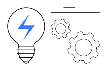 Lightbulb with blue lightning bolt and mechanical gears. Ideal for innovation, creativity, energy, technology, processes, teamwork, productivity, simple landing page
