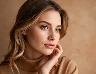 Fototapeta premium Woman pensive portrait with neutral background.