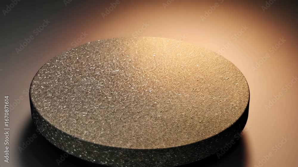 Poster elevated platform: a simple, circular stage, texture and illuminated, poised for display against a g