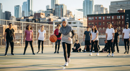 Authentic candid of a hijab-wearing teenage girl dribbling a basketball on an outdoor court with her friends, urban cityscape in the background