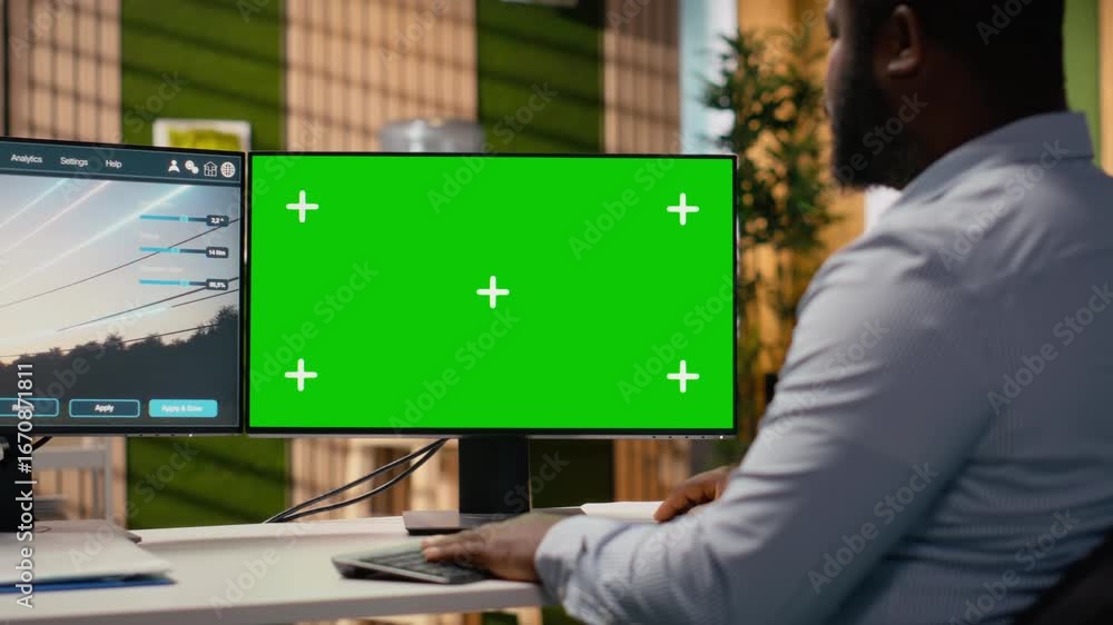 Poster engineer uses digital modeling tool on isolated screen computer to develop smart electric grid. rd d