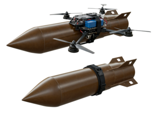 Modern military drone equipped bomb and a classic unguided bomb isolated on transparent background