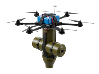 Advanced military drone equipped with a sophisticated weapon system and targeting camera for reconnaissance and combat missions isolated on transparent background