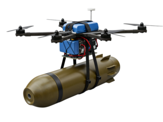 Military drone carrying a large bomb payload suspended beneath its body isolated on transparent background