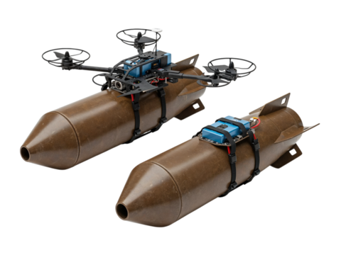 Two detailed futuristic smart bombs with intricate mechanical fins and blue glowing components isolated on transparent background