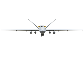 Modern military reconnaissance drone aircraft with advanced technology and weaponry isolated on transparent background