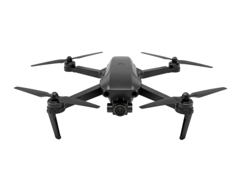 Modern gray quadcopter drone with four propellers and camera viewed from the front isolated on transparent background