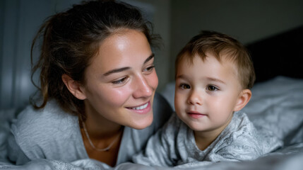 A serene image of a mother gazing at her baby, highlighting their intimate connection and the simplicity of love shared in a comfortable bedroom setting.