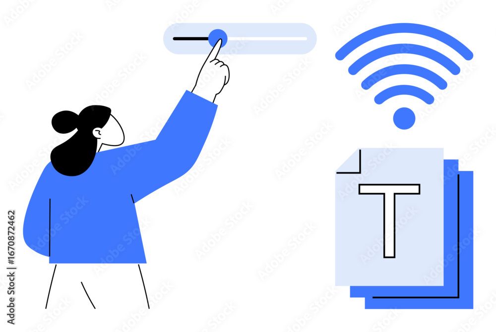 Poster person adjusting slider bar beside wireless icon and document stack labeled with t. ideal for techno
