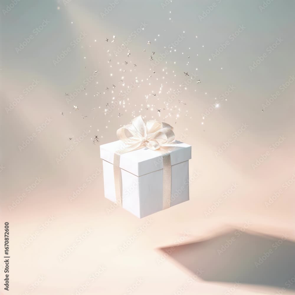 Poster aerial view of a floating gift box with sparkling stars, set against a soft gradient background. per
