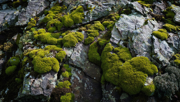 weathered rock surface with moss and lichen - Powered by Adobe