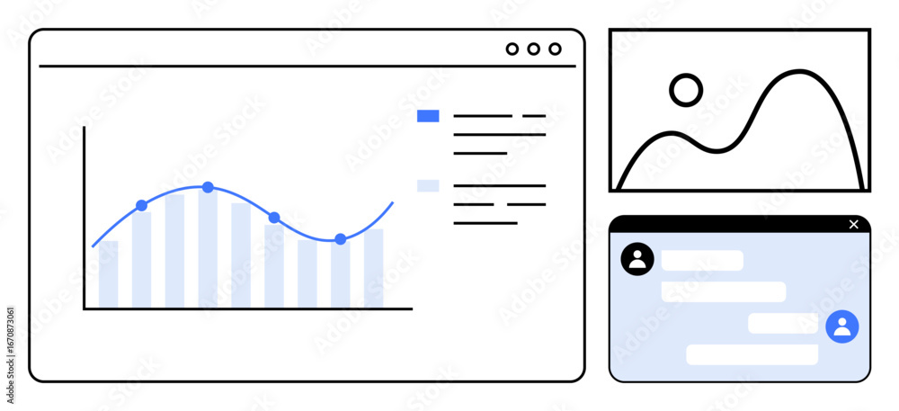Poster analytics graph with trendline and bar chart, messaging interface, and image preview in minimal digi