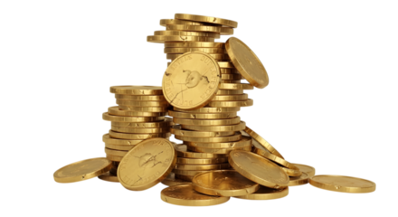 A tall stack of gold coins, symbolizing wealth and financial success, with some coins scattered around, isolated on transparent background