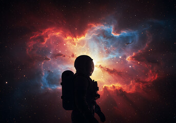 Silhouette of an astronaut standing against a vibrant, colorful nebula in outer space, with beams of light shining through the cosmic clouds.