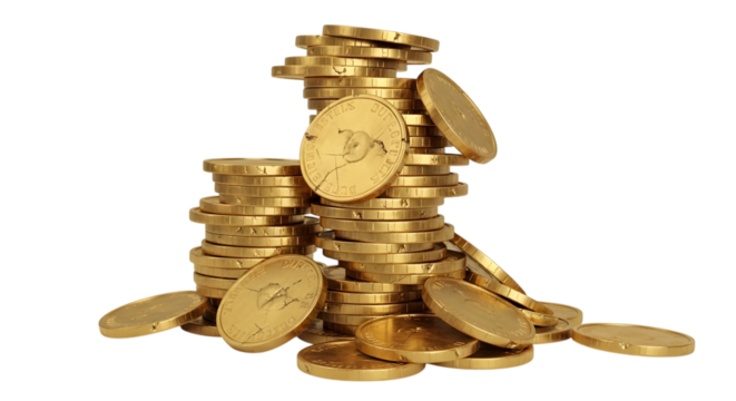 A tall stack of gold coins, symbolizing wealth and financial success, with some coins scattered around, isolated on transparent background