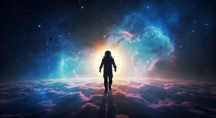 An astronaut stands on a cloud-like surface, silhouetted against a backdrop of vibrant, colorful nebulae and stars in a vast, cosmic expanse.