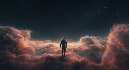 Fototapeta premium An astronaut stands atop vibrant, pink-hued clouds under a dark, star-filled sky, creating a surreal and dreamlike atmosphere.