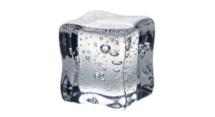 A single, clear ice cube with trapped air bubbles, glistening and melting slightly, isolated on a transparent background, representing coldness and refreshment