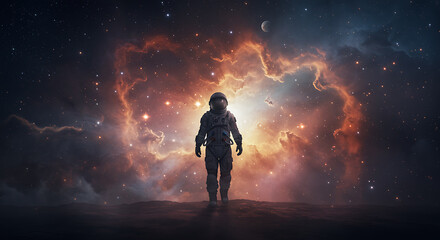 An astronaut stands on a desolate planet surface, gazing at a vibrant nebula and distant stars in the vast expanse of space.