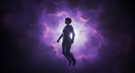 Naklejka premium Silhouette of a woman in futuristic suit floating against a vibrant purple and white nebula in outer space.