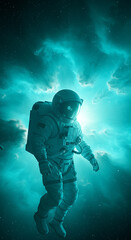 Fototapeta premium An astronaut floats in space surrounded by a bright, glowing nebula, creating a sense of wonder and exploration.