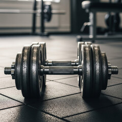 Fototapeta premium Close-up of two heavy metal dumbbells lying on a dark gym floor, symbolizing strength training, bodybuilding, and fitness exercise. 