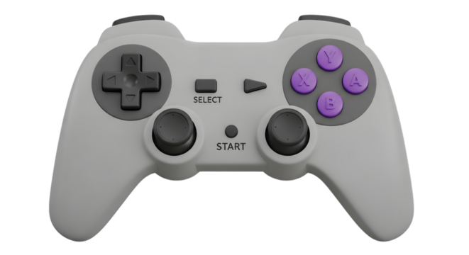 Gray video game controller with purple buttons, isolated on transparent background