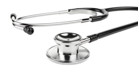 Closeup of a medical stethoscope with a silver diaphragm and black tubing, isolated on transparent background, symbolizing healthcare, diagnosis, and doctors tools