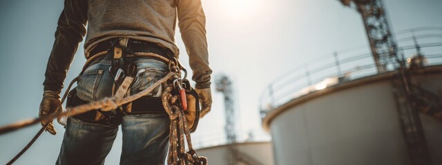 Closeup male worker standing on tank male worker height roof tank knot carabiner rope.