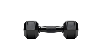 A black hexagonal dumbbell isolated on a transparent background, representing fitness and exercise equipment for weightlifting and strength training
