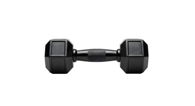A black hexagonal dumbbell isolated on a transparent background, representing fitness and exercise equipment for weightlifting and strength training
