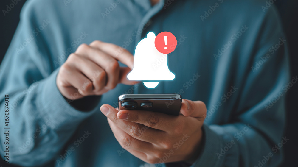 Poster checking mobile notifications on smartphone with bell icon and exclamation mark for new messages ale