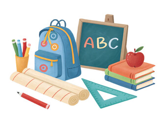 A cartoon depiction of school supplies including a backpack and a chalkboard with abc on it