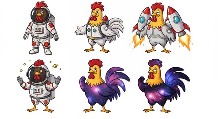 Cartoon roosters in space suits set