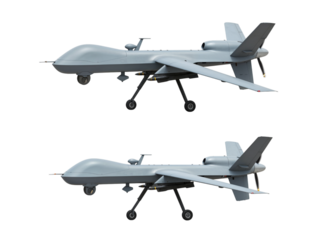 Two identical military surveillance drones with retractable landing gear shown from a side view isolated on transparent background