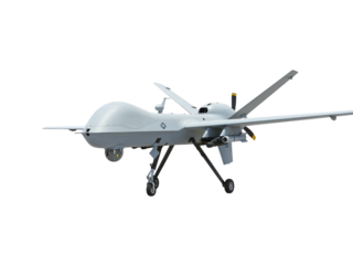 Modern military unmanned aerial vehicle drone with advanced surveillance technology isolated on transparent background