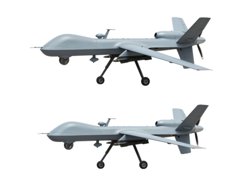 Two identical military surveillance drones with retractable landing gear shown from a side view isolated on transparent background