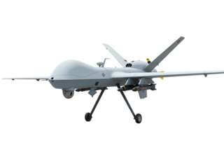 Modern military unmanned aerial vehicle drone with advanced surveillance technology isolated on transparent background