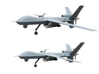 Two military surveillance drones with wings and propellers shown from the side isolated on transparent background