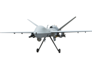 Modern military reconnaissance and attack unmanned aerial vehicle drone isolated on transparent background