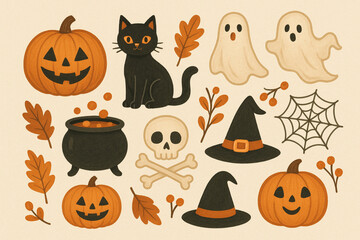 Halloween clipart set with pumpkin, cat, ghost, witch hat, skull isolated on white background