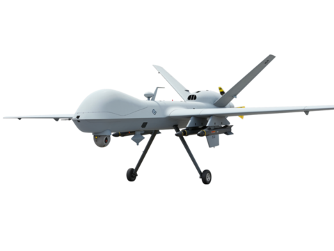 Modern military unmanned aerial vehicle drone with advanced surveillance technology isolated on transparent background