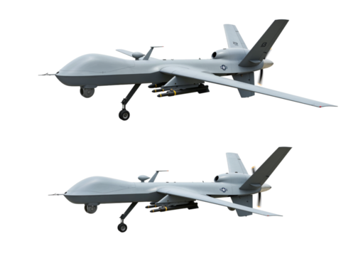 Two military surveillance drones with wings and propellers shown from the side isolated on transparent background