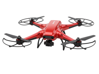 Modern red quadcopter drone with propellers and camera viewed from above isolated on transparent background