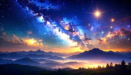 Fototapeta premium Starry Night Mountain Landscape.