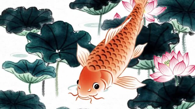Carp fish amidst lotus blossoms